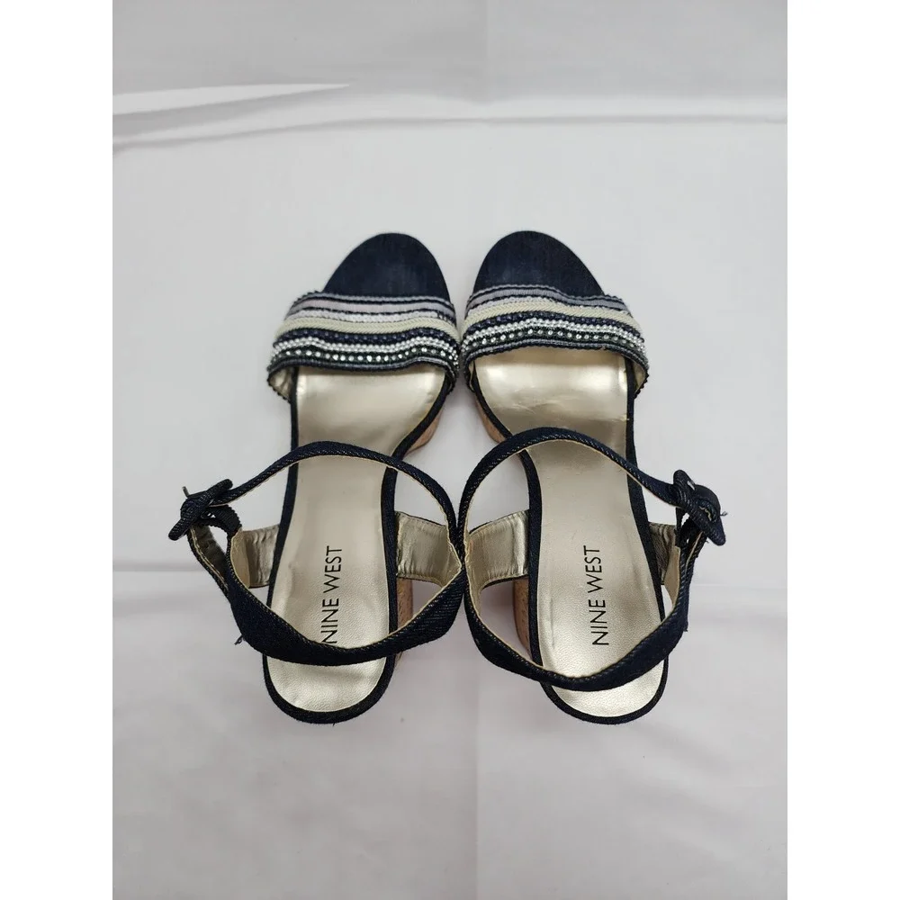 Nine West Womens Platform Sandal Block Heel Denim Open Toe Black Beige Size 8.5